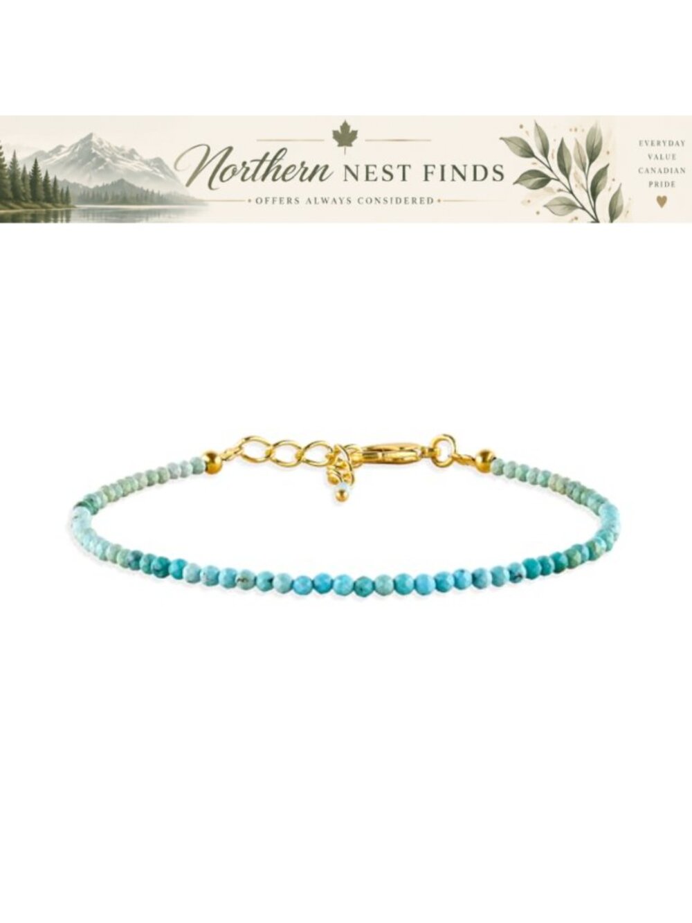 Natural Turquoise Bracelet 14K Gold Plated Adjustable Dainty December Birthstone